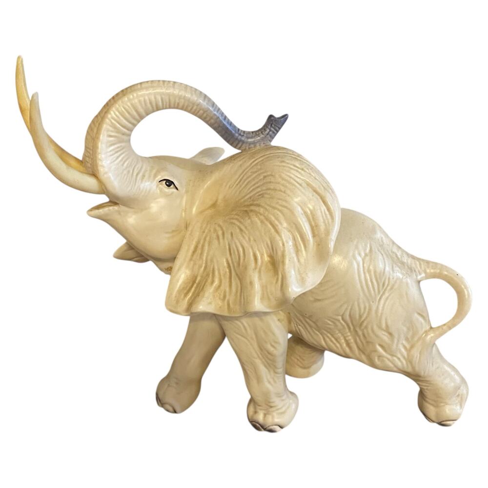 Vintage Piggy Bank Porcelain Elephant 8" Tall with Raised Trunk w/ Visible Tusks